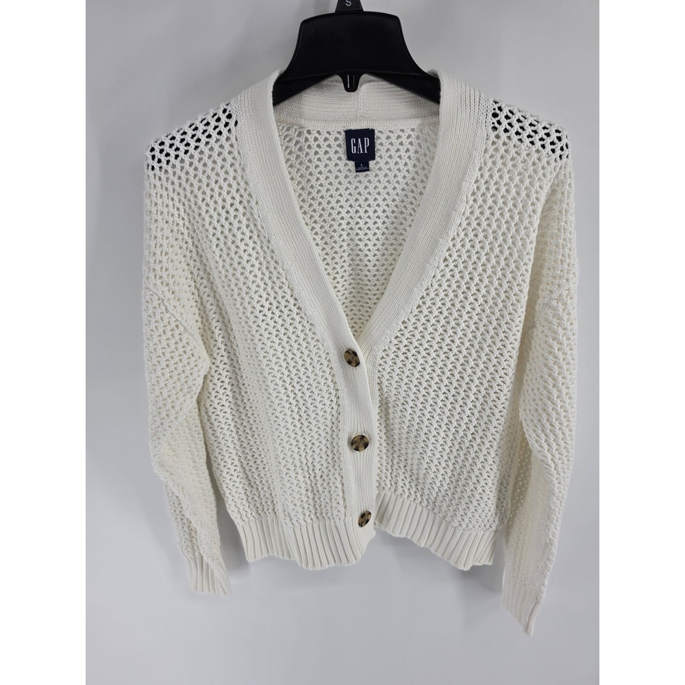 Gap Women Ivory Open Knit Crochet Cardigan Cotton Mesh V-Neck Sweater Large